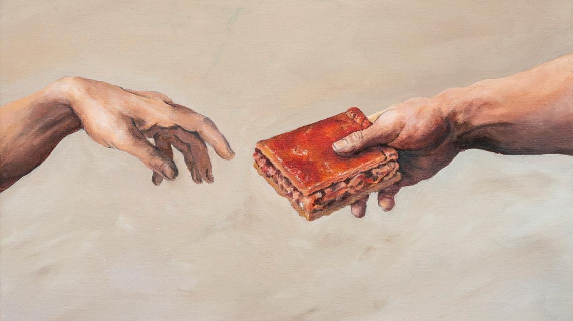 Man e empanada, ilustración inspirada na Creación de Adán
